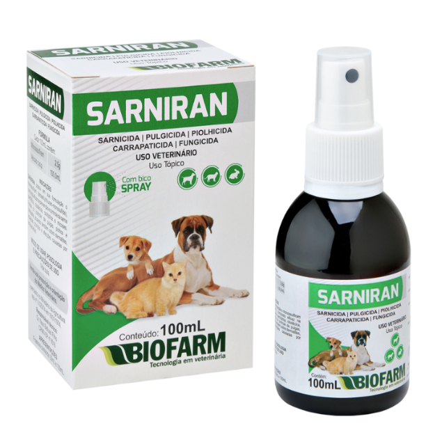 Sarniran Sarnicida Pulgicida Piolhicida Carrapaticida Fungicida Spray 100ml Animais Variados