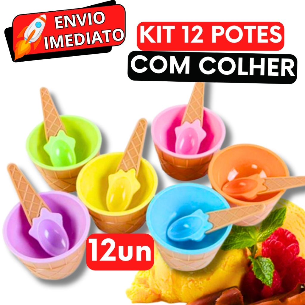 KIT Jogo 12 Unidades Tigela Pote de Plástico Tigela 200 ML Para Sobremesa Sorvete Açai Casquinha Sorvete + Colher
