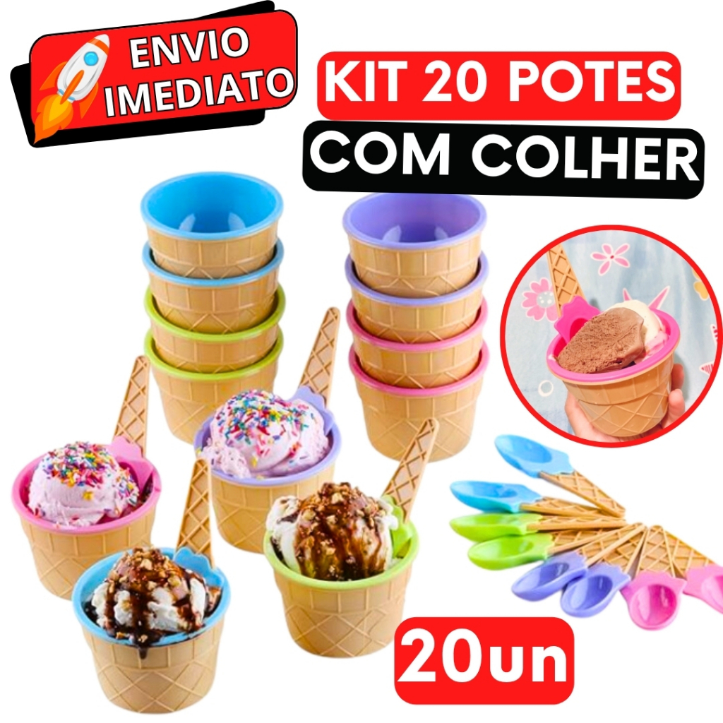 KIT Jogo 20 Unidades Tigela Pote de Plástico Tigela 200 ML Para Sobremesa Sorvete Açai Casquinha Sorvete + Colher