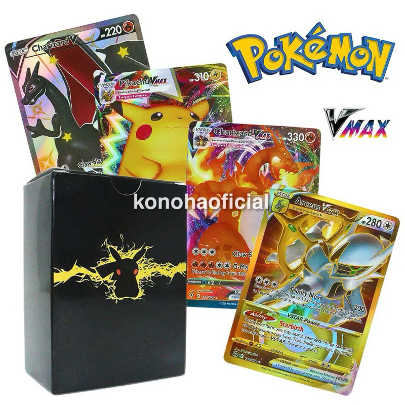 Lote Cartas Pokémon Brilhantes 20/50/100 Lote Com Charizard Pikachu Raros VMAX/VSTAR GX EX TCG Português