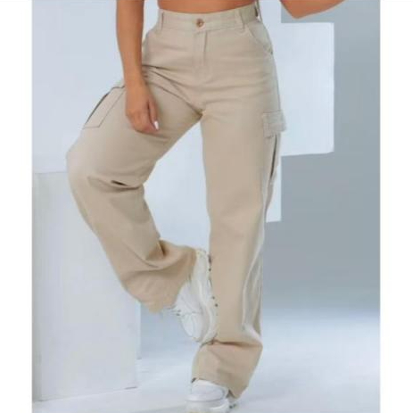 Calça Jeans Wide Leg Cargo Pantalona premium Cintura Alta bolsos lateral 100% Algodão Bege Perfeita