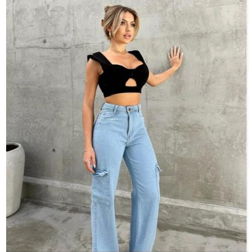 Calça Jeans Wide Leg Cargo Pantalona premium Cintura Alta bolsos lateral 100% Algodão Lavagem Clara Perfeita
