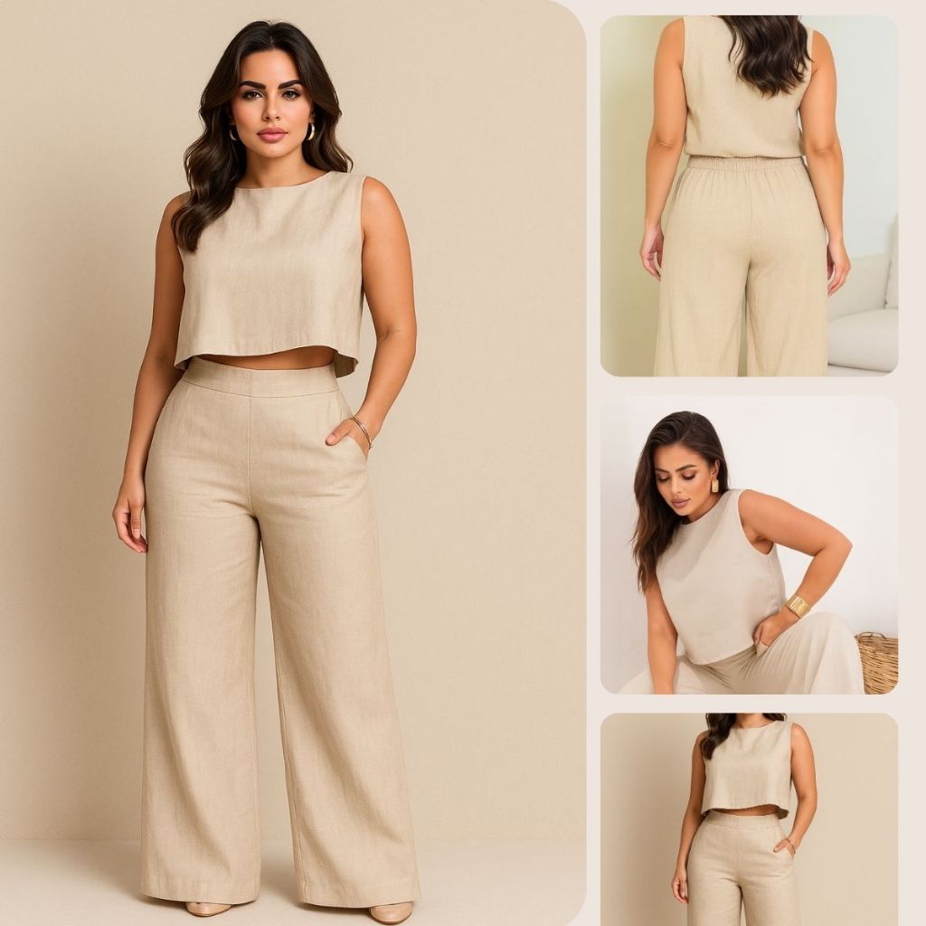 Conjunto Feminino Blusa e Calça Pantalona Em Alfaiataria