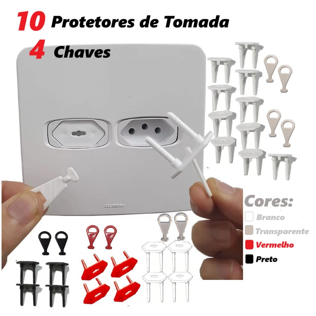 10 Protetores de Tomada  e 4 Chavinhas Segurança bebê Cores em Oferta na Shopee