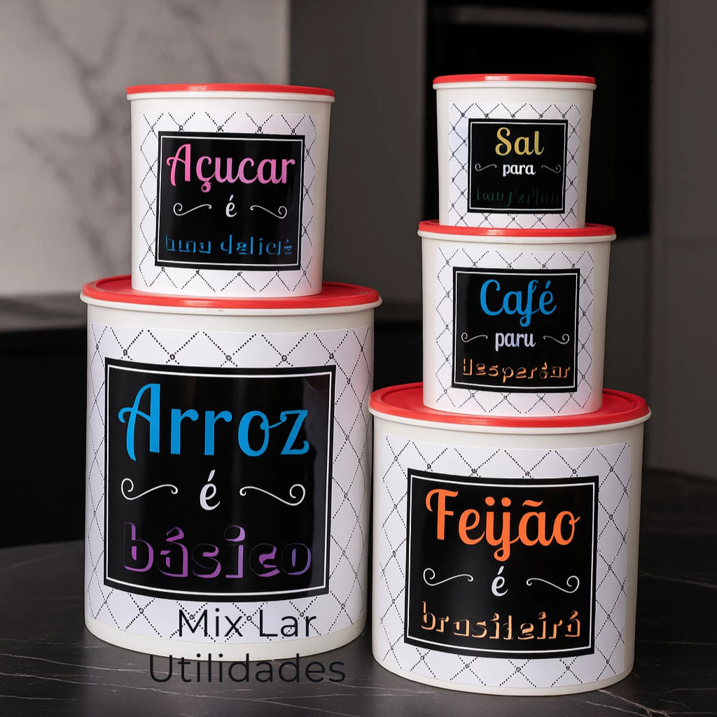 Kit 5 Potes de Mantimentos Plástico Decorado para Cozinha