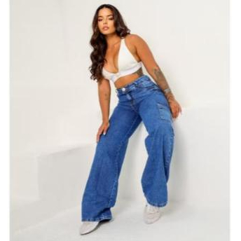 Calça Jeans Wide Leg Cargo Pantalona premium Cintura Alta bolsos lateral 100% Algodão Azul Marmorizada Perfeita