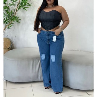 Calça Wide Leg Pantalona Jeans Feminina Cintura Alta Moda Plus Size