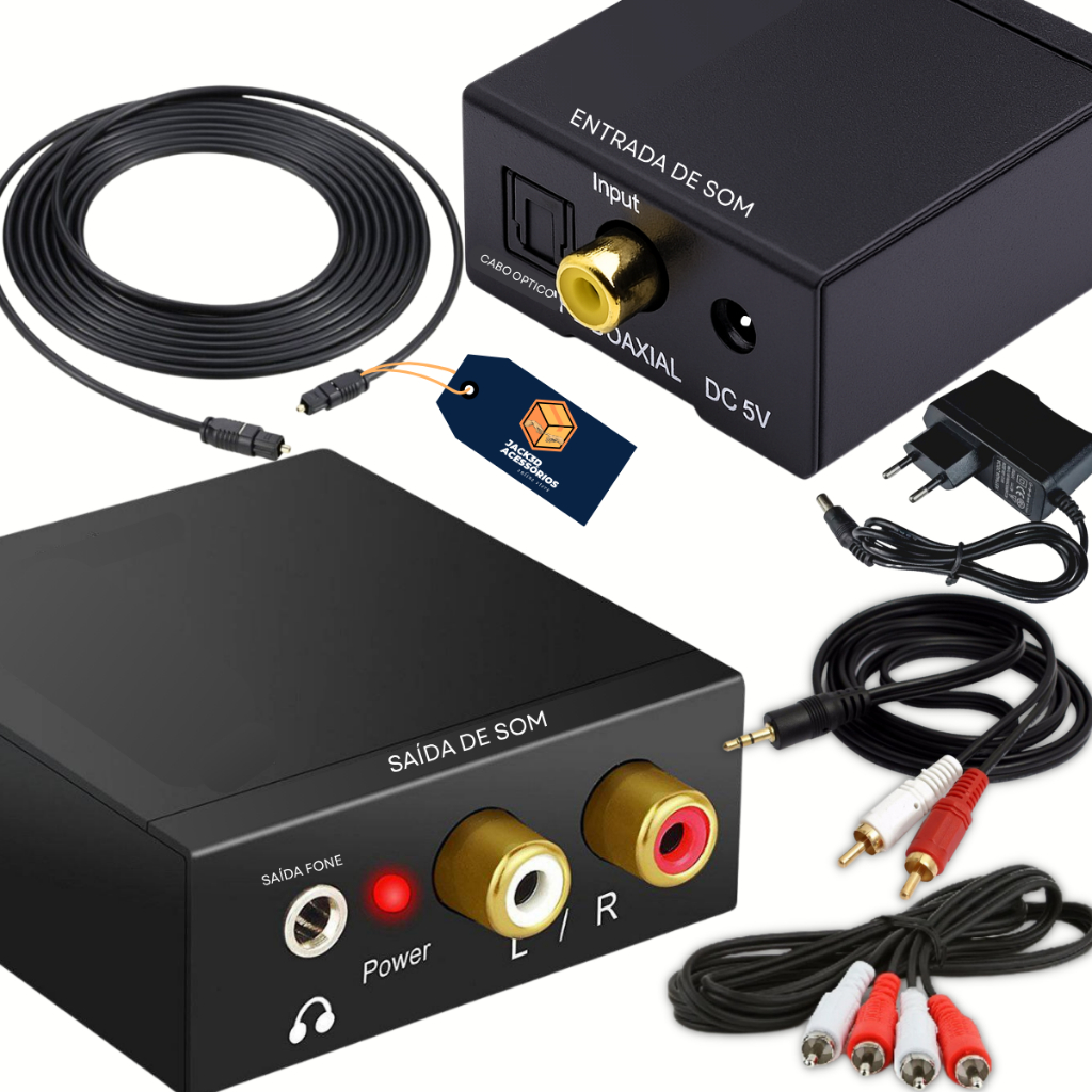 Kit Conversor Audio Digital Cabo Optico + RCA + Auxiliar P2 Smart Tv Home Theater Estereo em Oferta na Shopee