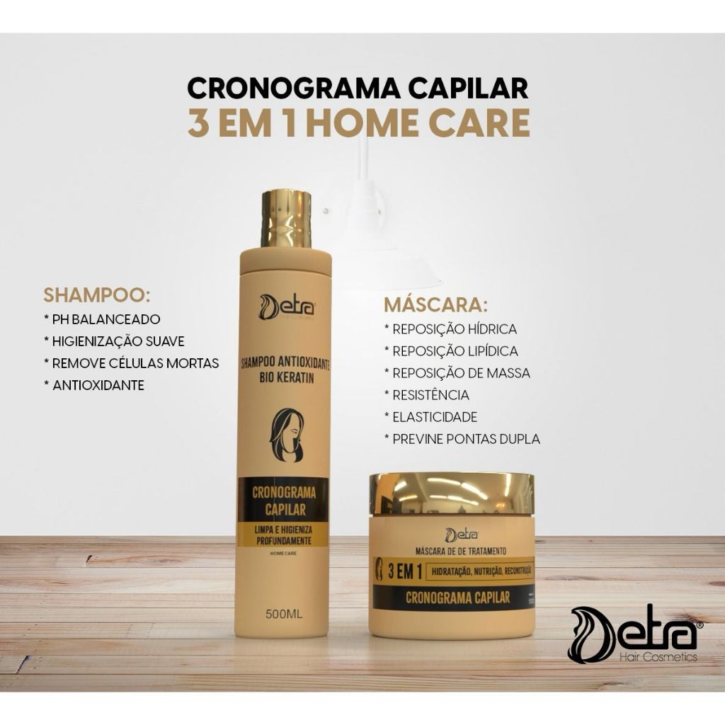 Kit Cronograma Capilar Shampoo e Mascara 3 em 1 Detra Hair Cosméticos