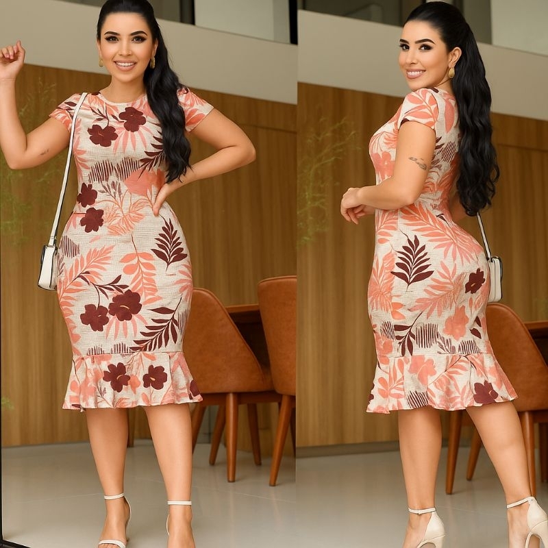 Vestido Tubinho Estampado Com Babado Na Barra, Moda Feminina/Moda Modesta em Oferta na Shopee