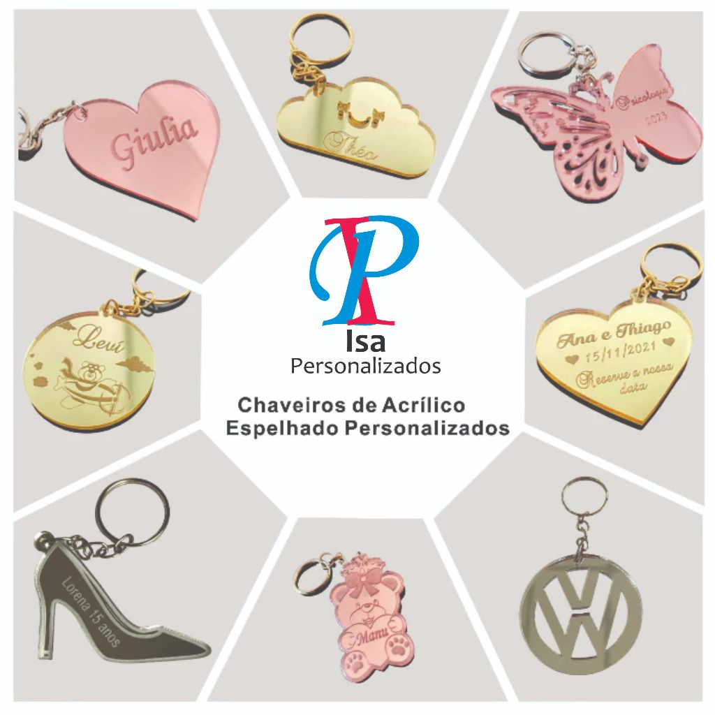 Chaveiros Personalizados em Acrílico Espelhado Bold, Lembrancinha para Casamento, Chá de Bebê e Aniversário