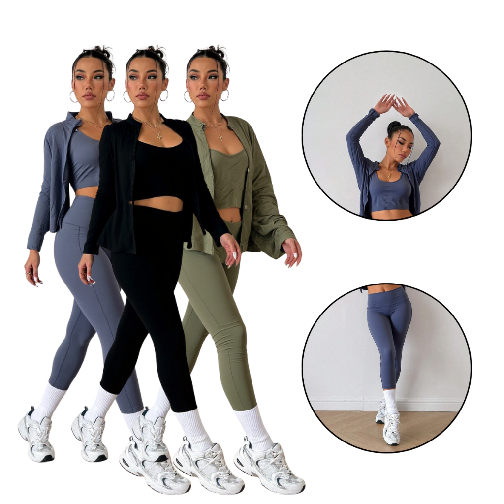 Kit Conjunto Feminino 3 Peças Fitness Roupa Academia Yoga Jaqueta Top e Calça Legging Cint...