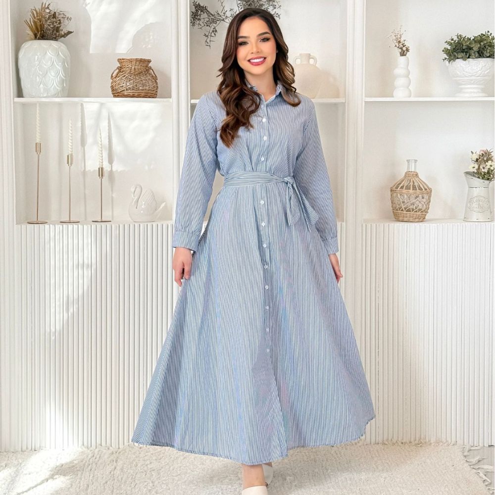 Vestido Camisaria Longo Tricoline com Faixa na Cintura e Botões – Elegância P ao GG