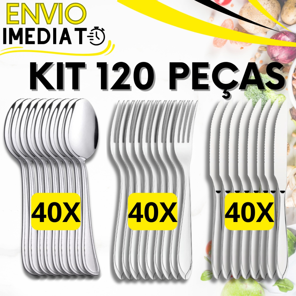 KIT Jogo 120 Peças 40 Garfo 40 Colher 40 Faca Talher Aço Inox Polido para Casa Cozinha Restaurante Buffet Faqueiro