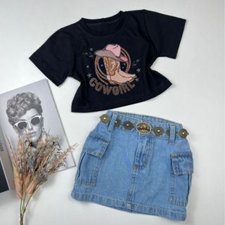Roupa Infantil Conjunto Country T-Shirt E Saia Jeans Blogueirinha Roupa Para Meninas Estilosas Bota em Oferta na Shopee