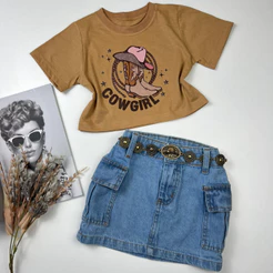 Conjunto Infantil Verão Blusa Estampada Saia Jeans Moda Infantil Estilosa Country