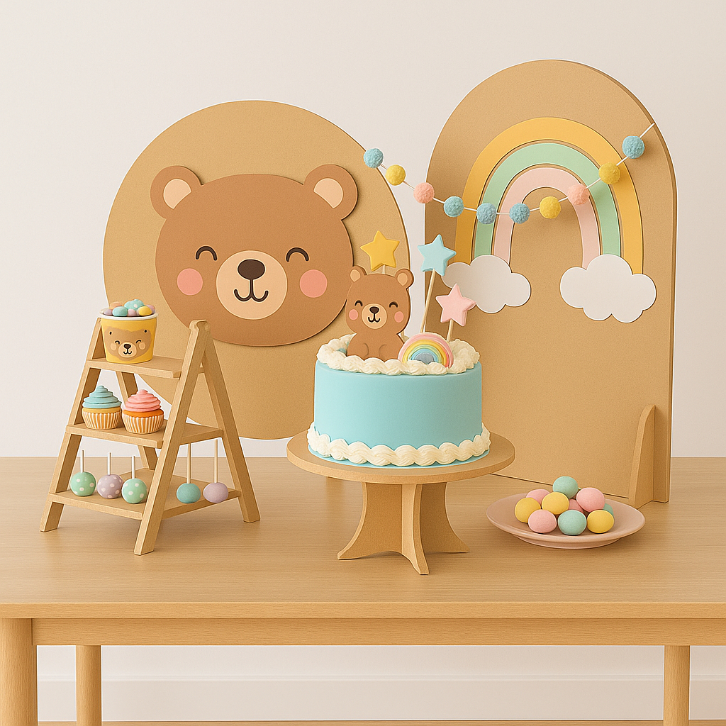 Kit Mini Festa Mesa Painel Redondo Mdf + Arco Romano + Boleira + Escadinha Porta Doce Lembrancinha