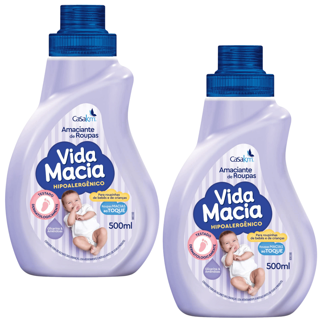 KIT 02 UND Amaciante Vida Macia Hipoalergênico Glicerina & Amêndoas 500ML Roupinha Bebê Crianças