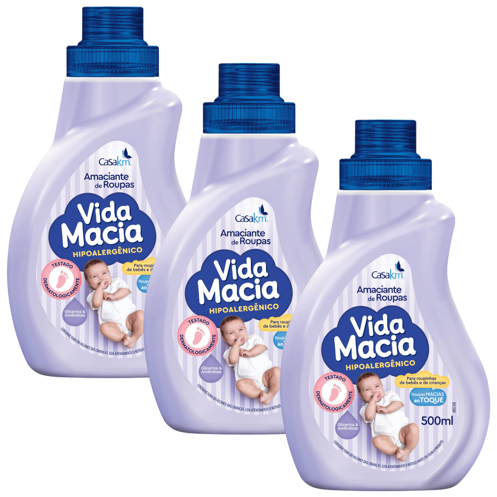 KIT 03 UND Amaciante Vida Macia Hipoalergênico Glicerina & Amêndoas 500ML Roupinha Bebê Cr...