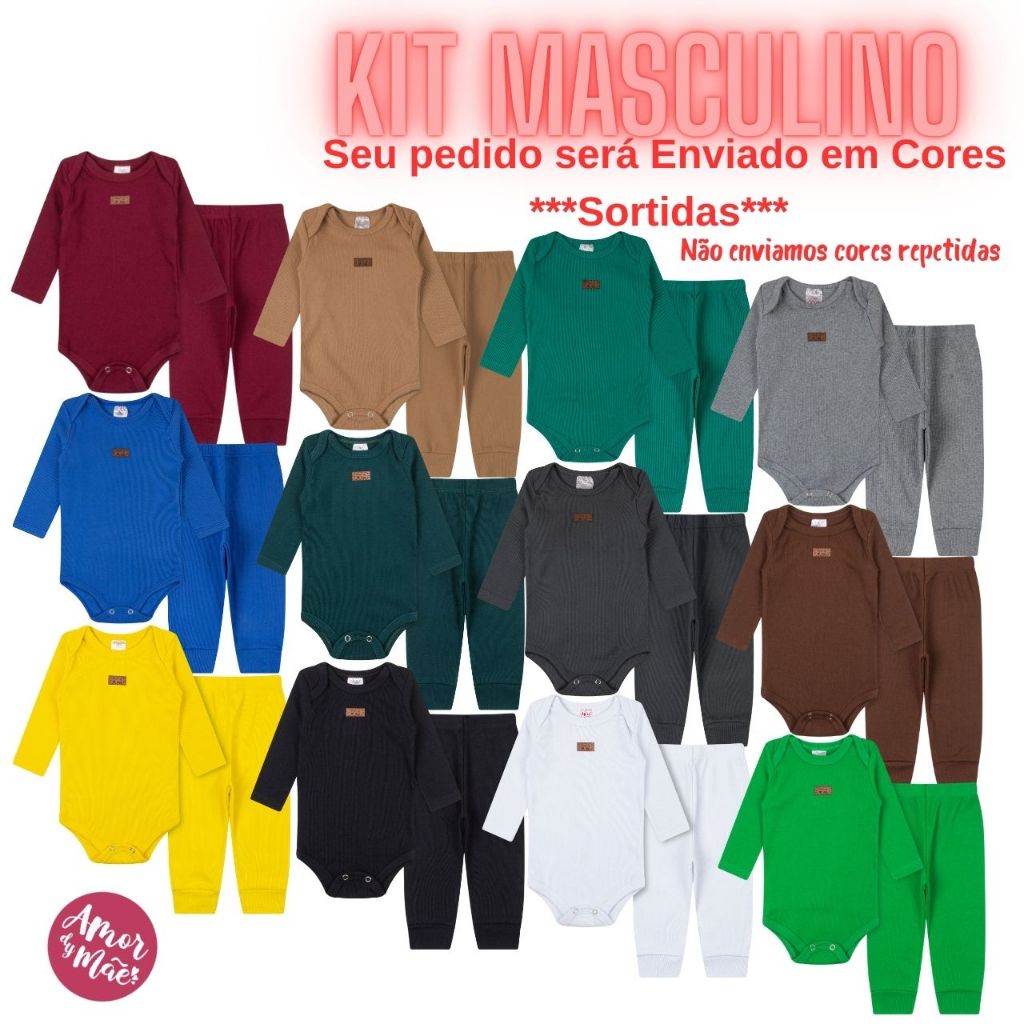 Kit 3 Conjuntos Canelado Body Bebê Manga Longa Calça Mijão Menino Menina P ao GG