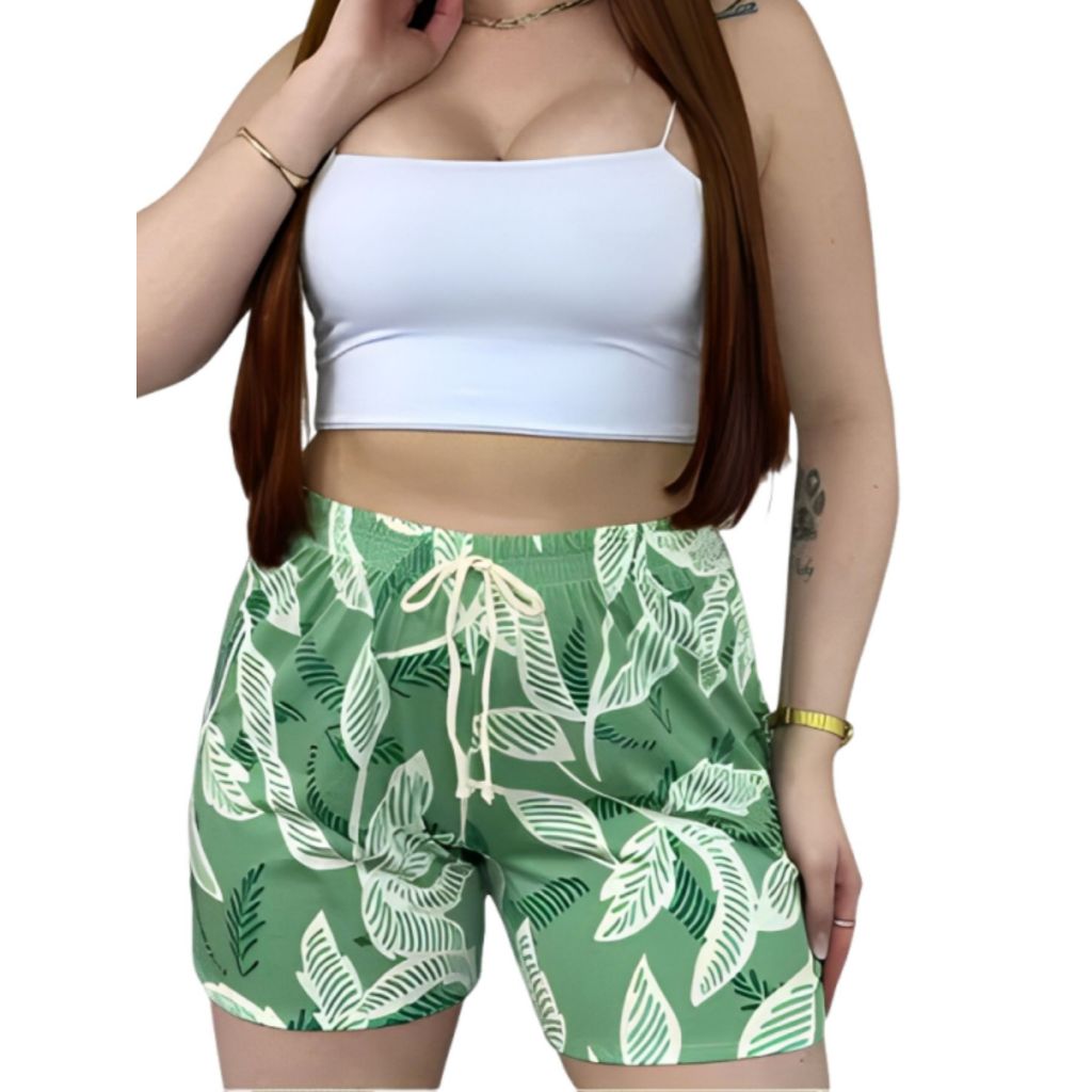 Shorts Viscose de cintura elástica com cordão/bermuda feminina/estampada folha folhagem/moda surftrip/estilo boho leve