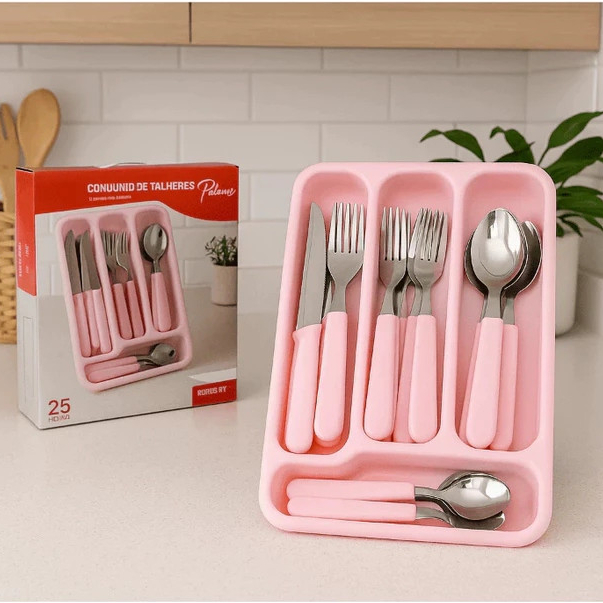 Jogo Talheres Inox 25 Peças Com Gaveteiro Colher Garfo Faca Inox - Rosa ou Branco
