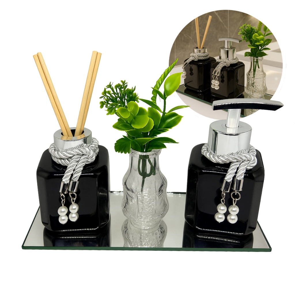 Kit Lavabo Plástico Cubo Saboneteira e Difusor com Cordão Pérola