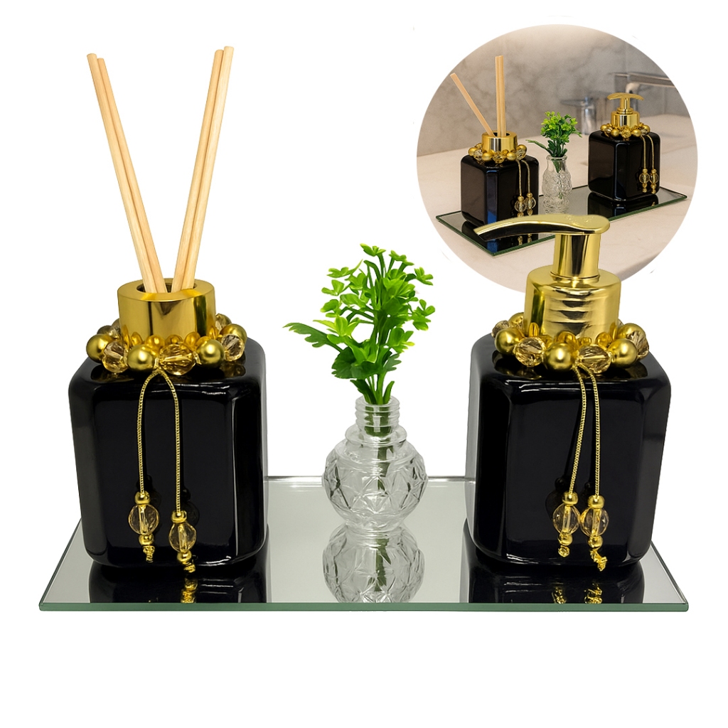 Kit Lavabo Plástico LUXO Cubo PRETO Saboneteira e Difusor com Bandeja em Oferta na Shopee