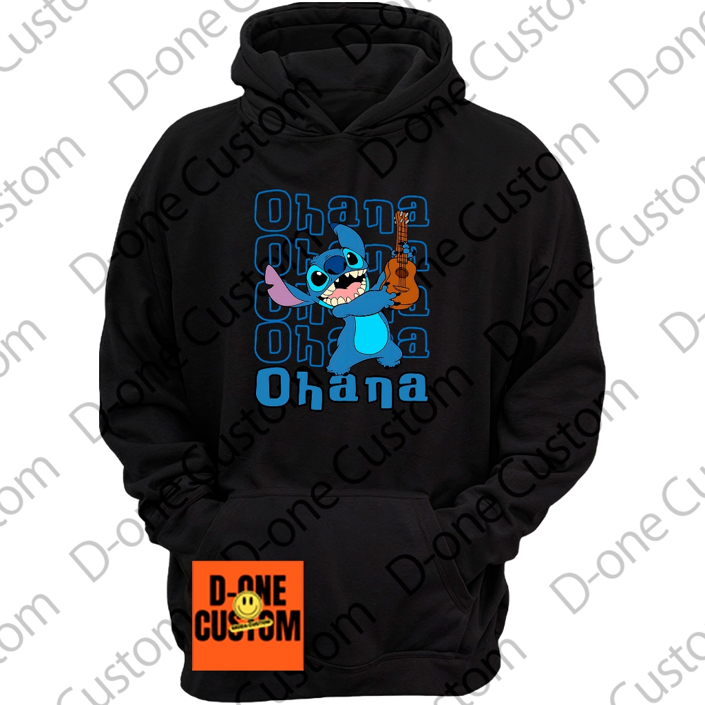 Moletom Blusa de Frio Stitch Ohana Ukulele Desenho Animação Lilo Estampado Com Capuz Logo Azul