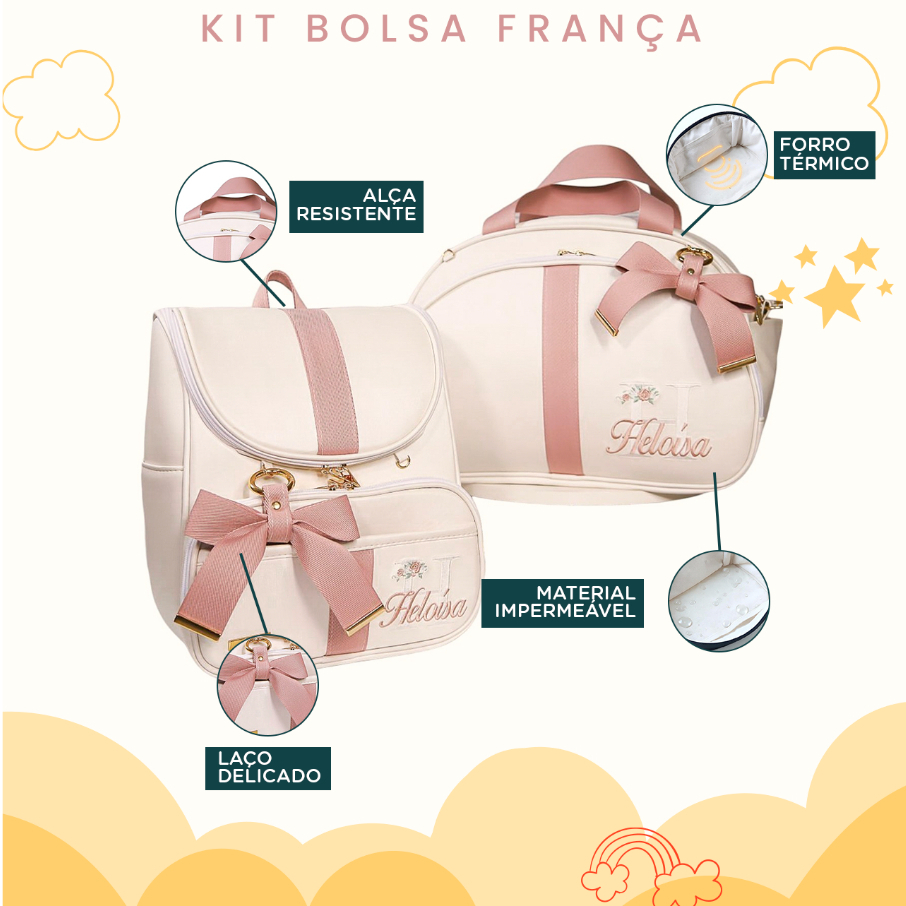 Kit Maternidade 2 Peças Bolsa e Mochila Personalizado Térmica Impermeável, Coleção França