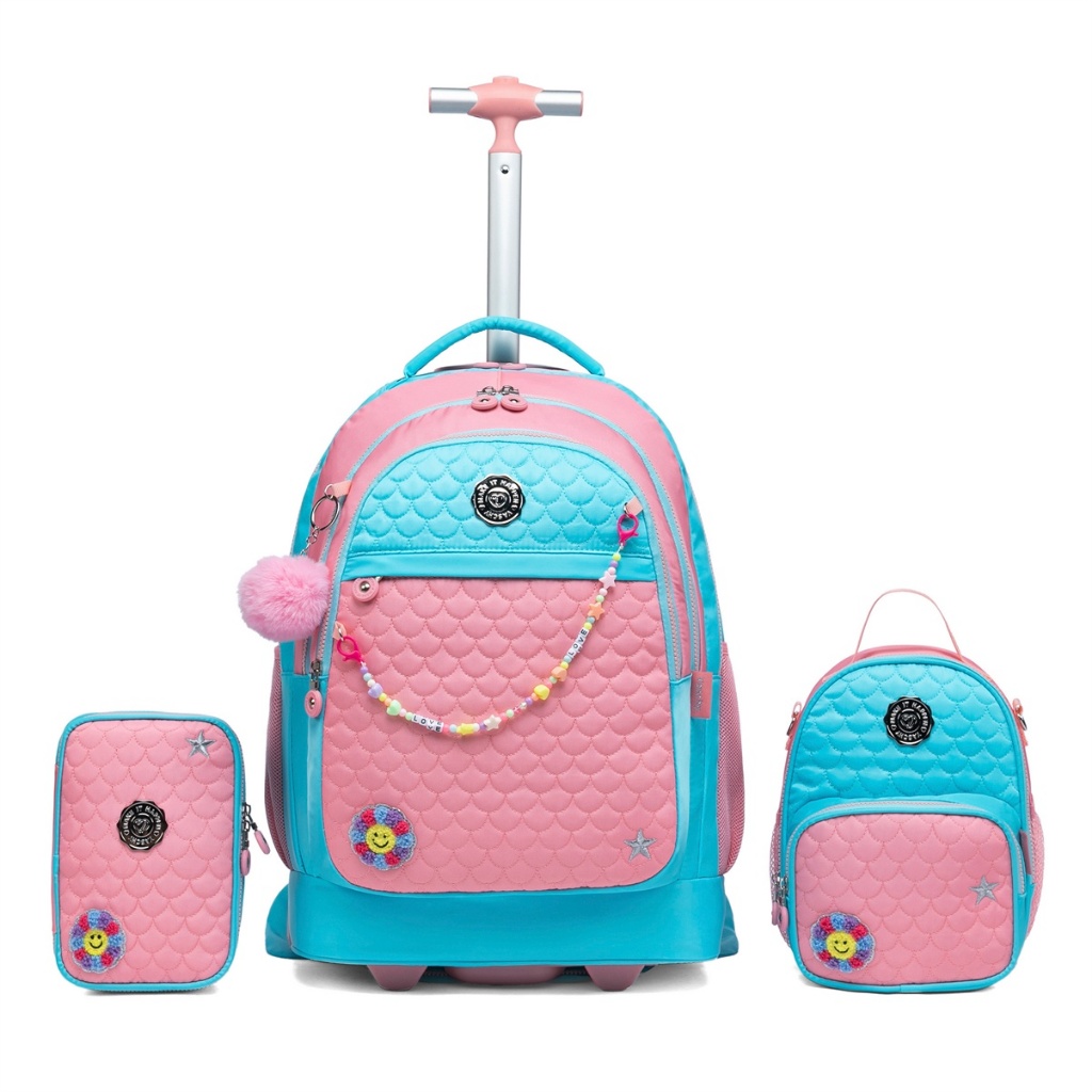 Kit Mochila Infantil de Rodinha Espaçosa Menina Estojo Lancheira Escolar - 40 Litros