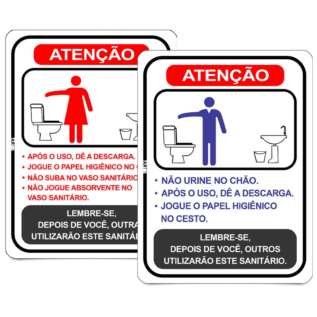 Kit 2 Placas de Banheiro Regras de Uso Masculino e Feminino + Dupla Face Comercios Empresas