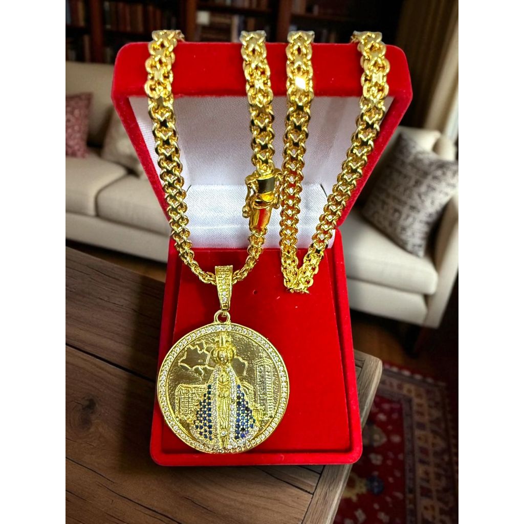 Corrente Cadeado Duplo 7 mm Liga de Moeda Antiga Banhado a Ouro 18k Pingente Nossa Senhora