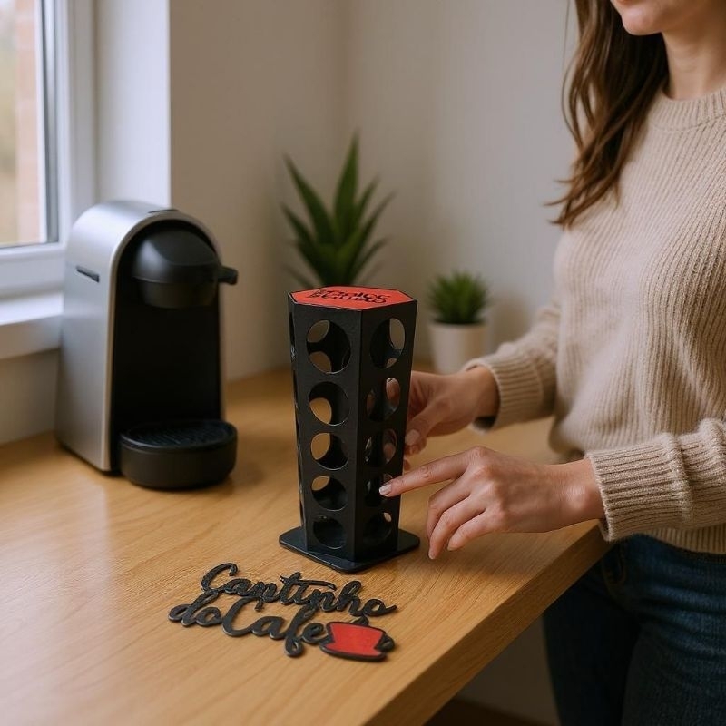 Porta Cápsulas DOLCE GUSTO + FRASE cor PRETO e tampa VERMELHA café torre sextavada mdf 30 cápsulas + Frase MVM DECOR
