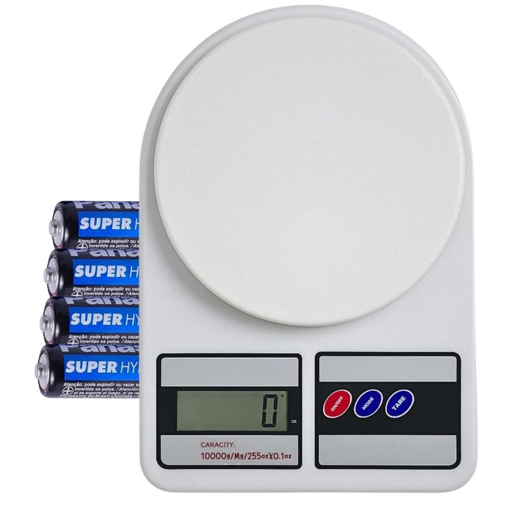 Balança de Cozinha Digital 10kg com 4 Pilhas AAA Inclusas Pesagem Alimentos Medidas Dieta Regime