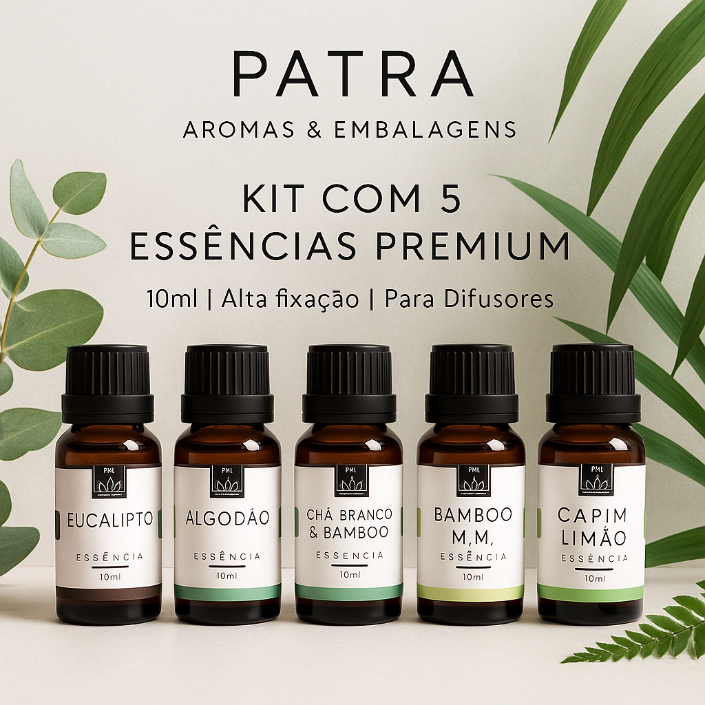 Imagem Kit 5 Essências PATRA Aromas & Embalagens para aromatizador difusor elétrico para Ambientes 10ml