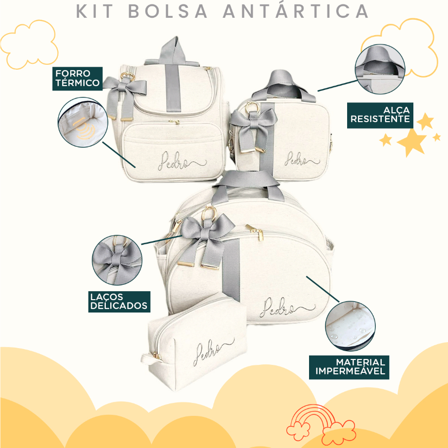Kit Maternidade 4 Peças Duas Bolsas, Mochila e Estojo  Personalizado Térmica Impermeável, Coleção Antártica em Oferta na Shopee
