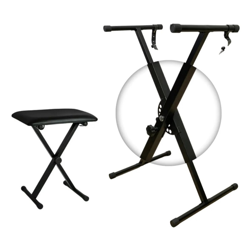 Kit Suporte para Teclado Musical 1X ajustável + Banco Banqueta Regulável Teclado