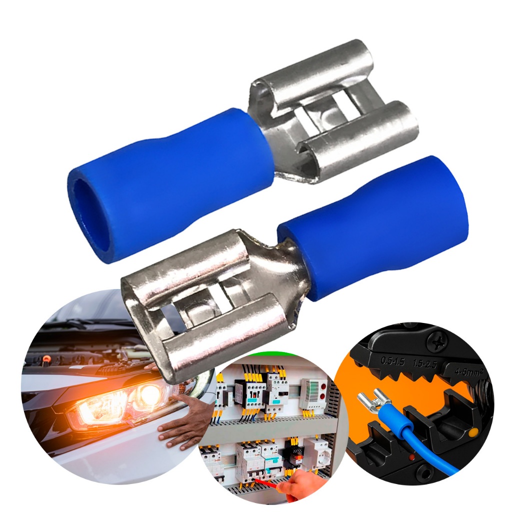 Kit 100 Terminal Femea Pre isolado Faston 1.5 A 2.5mm Azul Conector Eletrico Isolado p/ Cabos e Fios em Oferta na Shopee