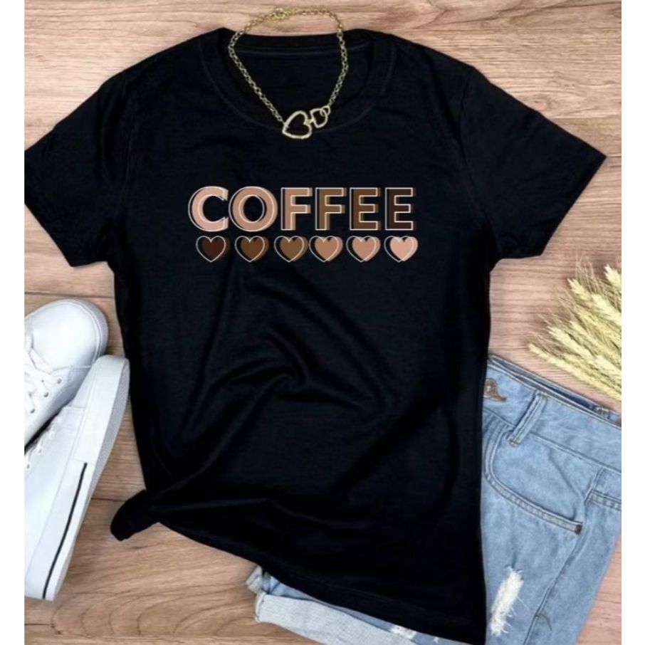Camiseta Feminina Coffe Blusa estampada preta de algodão Promoção