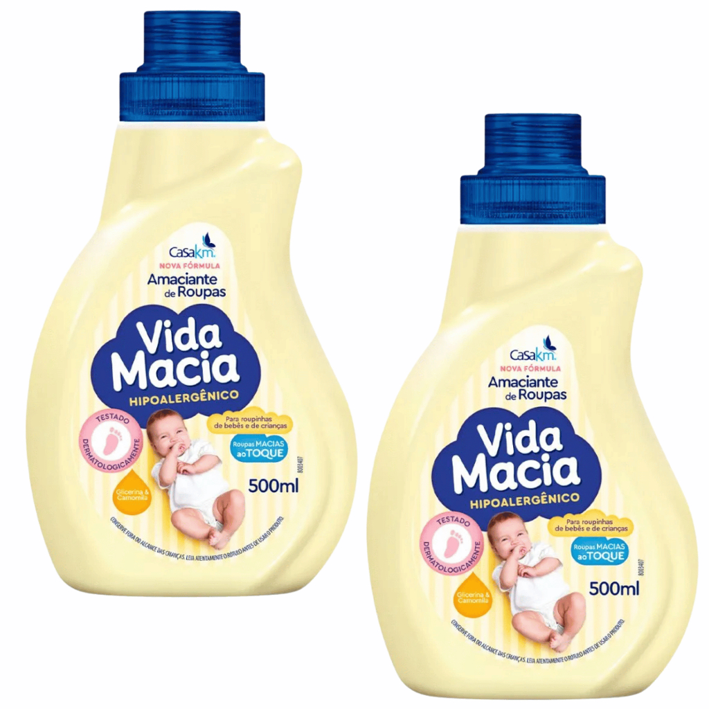 KIT 02 UND Amaciante Vida Macia Hipoalergênico Glicerina & Camomila 500ML Roupinha Bebê Crianças