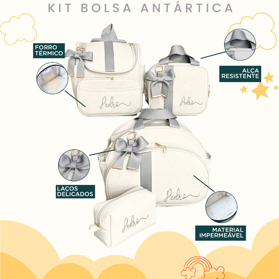 Kit Maternidade 4 Peças Duas Bolsa, Mochila e Estojo Personalizado Térmica Impermeável, Coleção Antártica em Oferta na Shopee