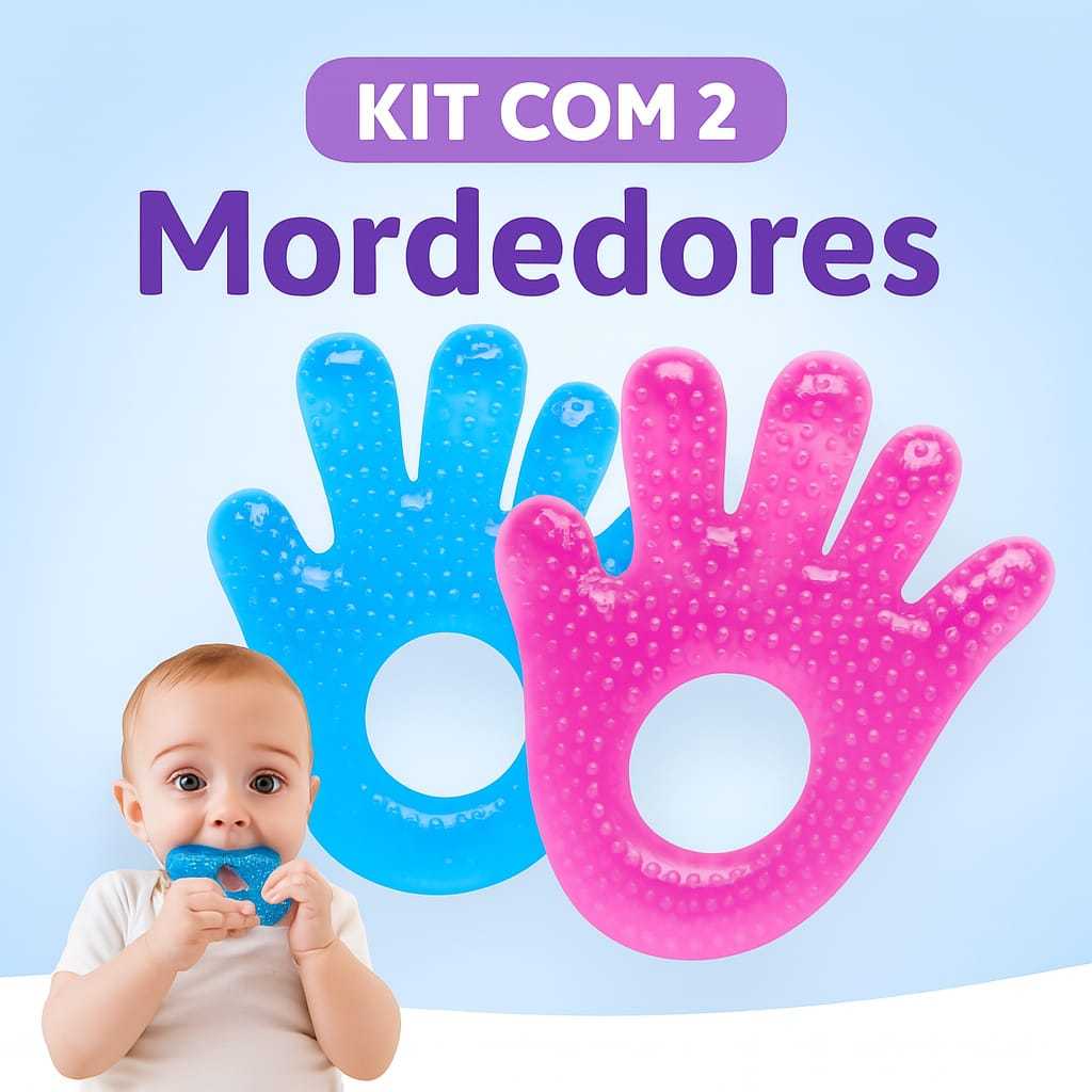 Kit Com 2 Massageador Bebe Mordedor Com Agua Babu Silicone Dentinhos Gengivas Formato  Maozinha Azul Rosa Seguros