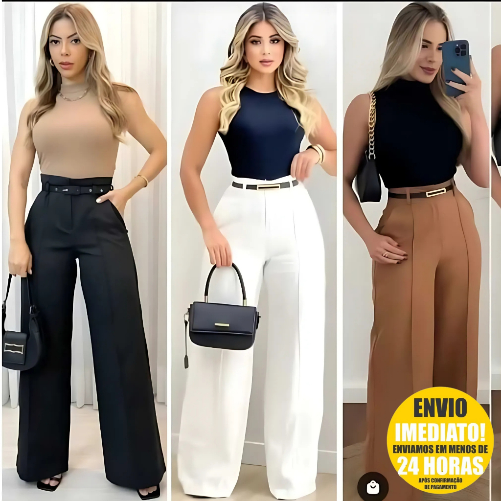 Calça Pantalona Alfaiataria Premium Com Bolso E Cinto Cintura Alta PROMOÇÃO