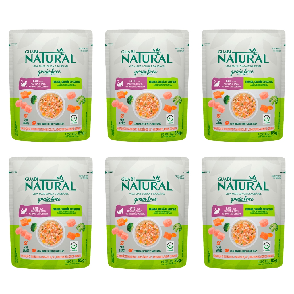 Ração Úmida Sachê Guabi Natural Gatos Grain Free Frango Salmão e Vegetais 85g 6 Unidades