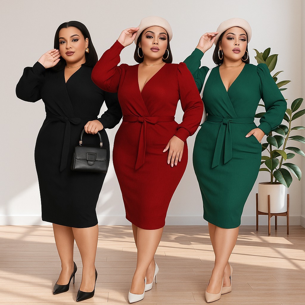 Vestido Manga Longa Plus Size Inverno Canelado Laço Amarração de Princesa Chique Moda Plus Size