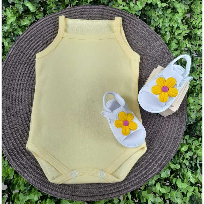 Conjunto Sandalia Flor Com Body Alcinha Bebe Menina  Roupa Verão Estampado 100% Suedine