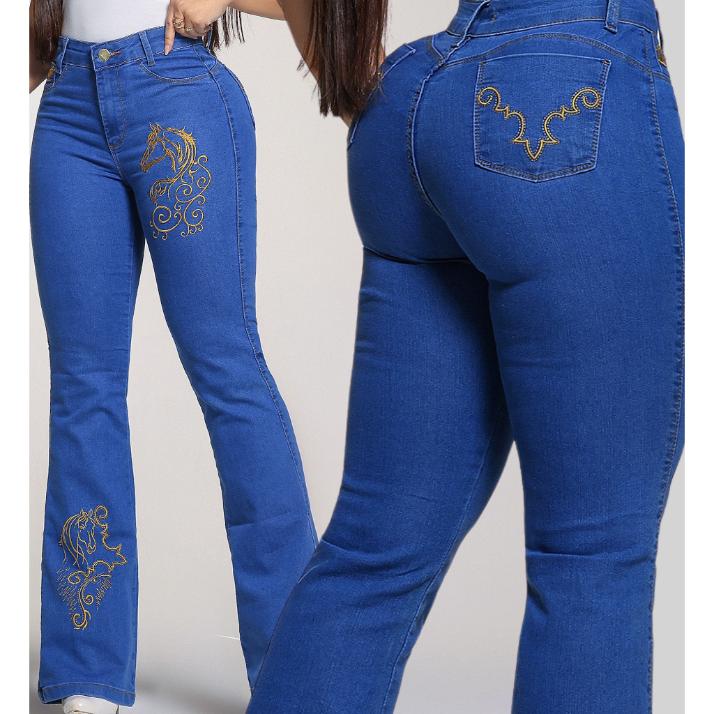 Calça Flare Bordada Country Jeans Feminina Com Elastano Cintura Alta Rodeio Muladeira Tecido Premium Reforçado Flaer