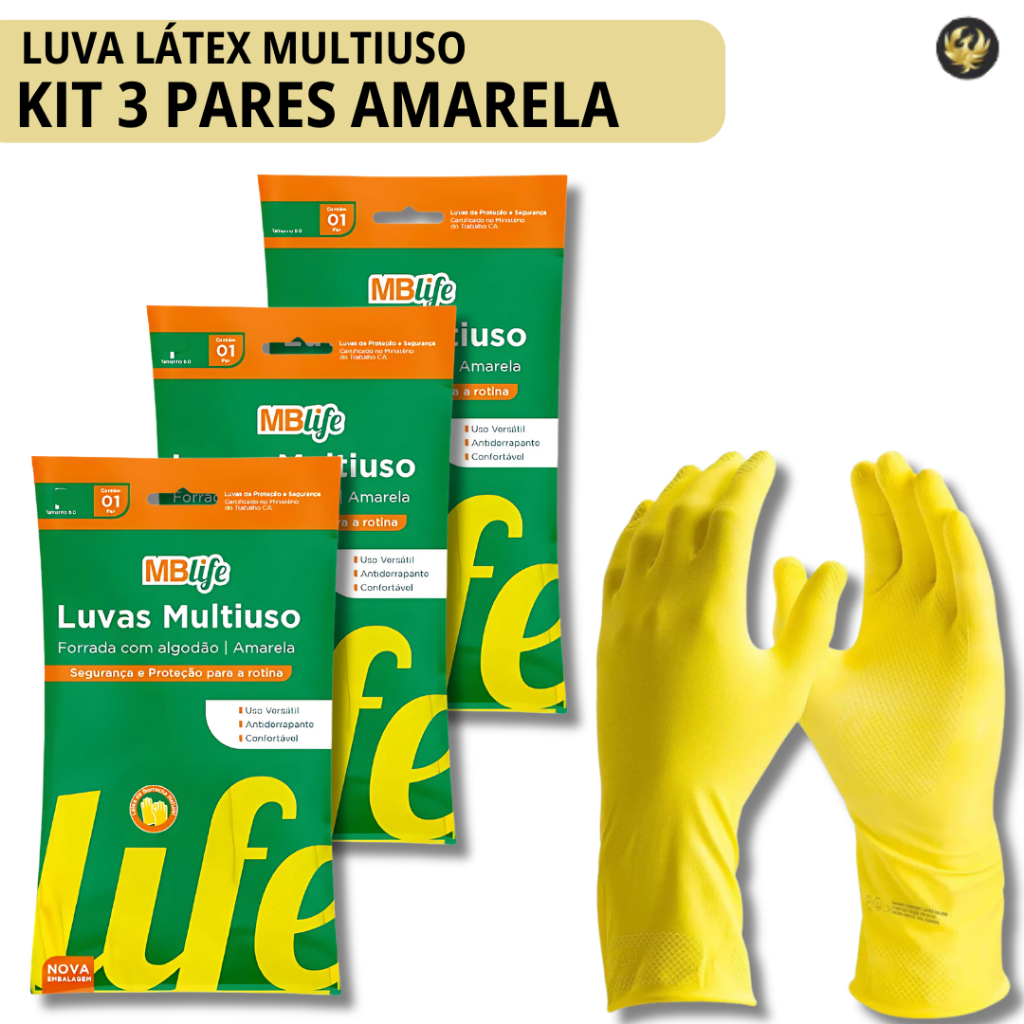 Kit 3 Luvas de Limpeza Luva de Látex 3 Multiuso Amarela Multiuso Forrada Premium Impermeável Faxina