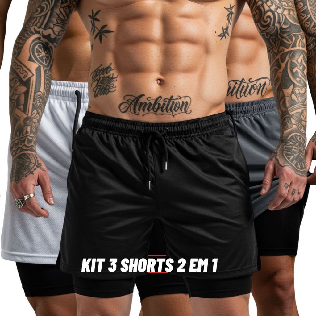 Kit 3 Shorts Masculinos 2 em 1 com Forro Interno | Dry Fit para / Treino e Academia - Leve e Confortável